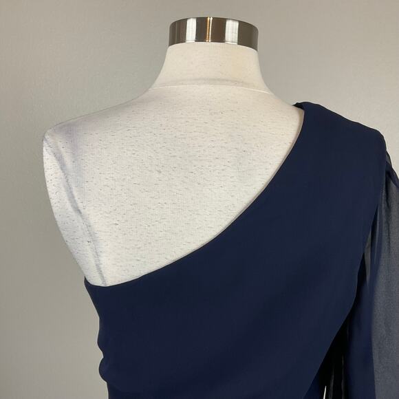 Betsy & Adam Blue Chiffon One Shoulder Mini Fit and Flare Size 10 Long Sleeve - Picture 8 of 14